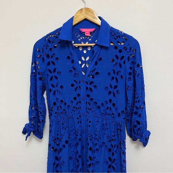 Lilly Pulitzer Borealis Blue Amrita Midi Eyelet Shirtdress Sundress Size 0 - Picture 4 of 7
